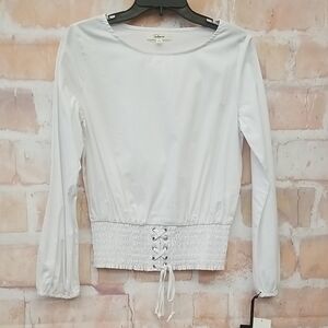 Takara White Long Sleeve Top with Lace-Up Detail